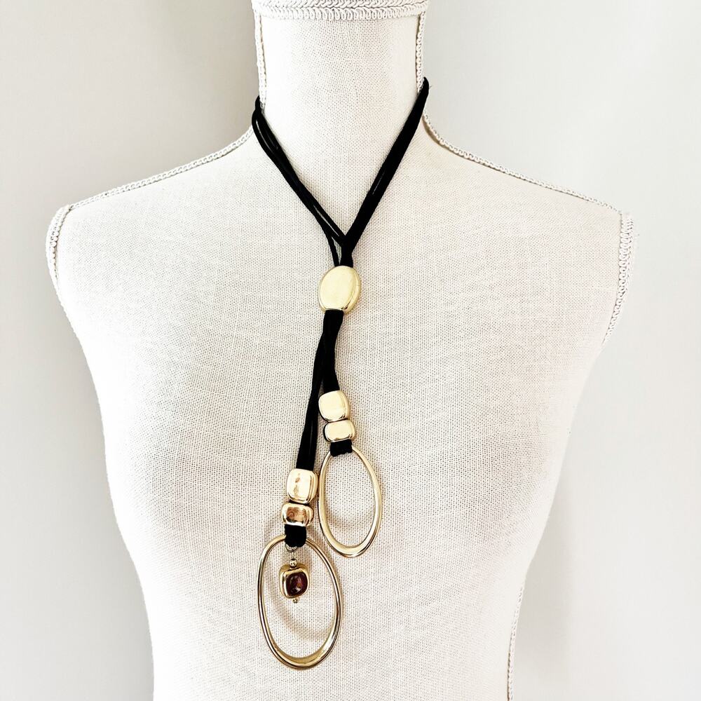 Chico's Black Suede & Gold Hoop Lariat Necklace